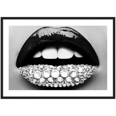 black and white poster of lips covered in diamonds
