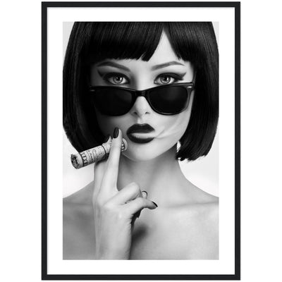 woman smoking a 100 dollar bill black and white poster